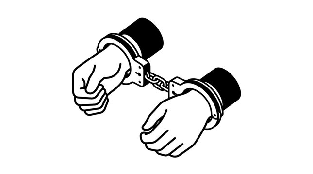 Isometric line art illustration of human hands in handcuffs