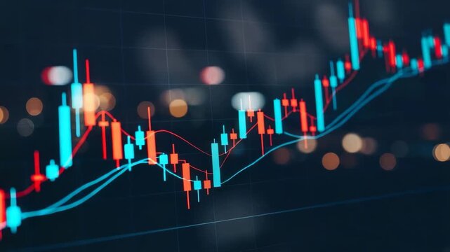 Candlestick Chart A dynamic financial trading chart displays upward and downward price movements set against a backdrop of bokeh lights symbolizing market volatility and investment opportunity