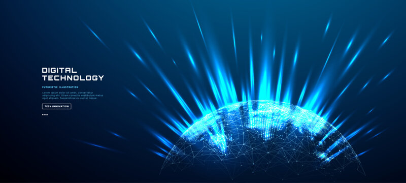 Futuristic technology blue globe with glowing digital light beams. Global network connection concept. Modern data flow tech background. Earth map in blue tech on dark bg. Vector illustration.
