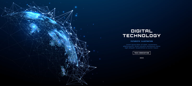 Digital network globe with connected dots and lines. Futuristic world map visualization in blue neon wireframe style. Global technology and data transfer concept. Tech bg. Vector illustration.