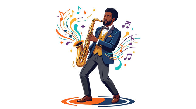 Man playing saxophone with musical notes and vibrant splashes of color