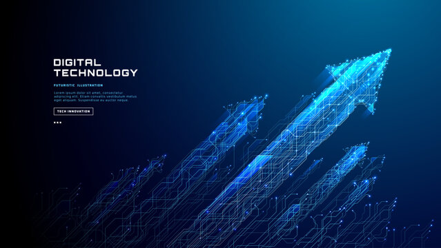 Glowing circuit pathways form ascending arrows in neon blue, representing financial progress and digital innovation with luminous dots across futuristic abstract design. Vector technology illustration