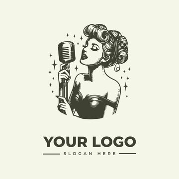 Vintage style illustration of a glamorous woman singing into a retro microphone for a logo design.