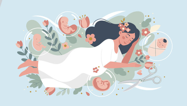 Pregnant woman sleeping peacefully on floral background while dreaming of fetal development and childbirth.