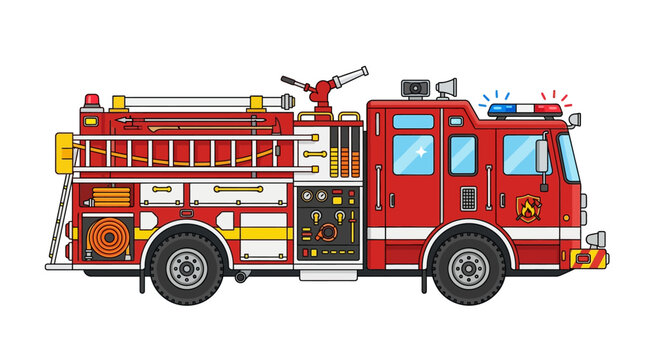 Red fire truck with ladder and equipment side view illustration