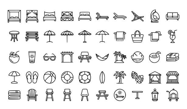 Outdoor Lounge Chairs Chaises And Canopy Beds Outline Icon Set Editable Stroke Vector
