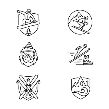 Collection of winter adventure and ski resort logo icons.