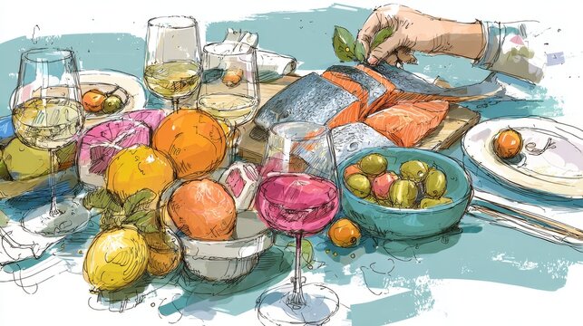 Colorful crayon doodle of a festive table arrangement with fresh fish, sliced fruits, olives, and wine glasses, drawn in simple lines with cheerful tones and a relaxed Mediterranean feeling