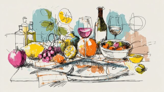 Colorful crayon doodle of a festive table arrangement with fresh fish, sliced fruits, olives, and wine glasses, drawn in simple lines with cheerful tones and a relaxed Mediterranean feeling
