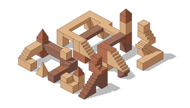 Complex isometric wooden block construction with staircases, pillars, and geometric towers in an impossible architecture style.
