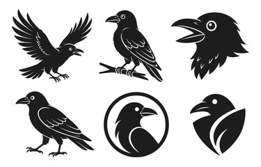 Naklejka premium Collection of black raven bird vector icons and silhouettes