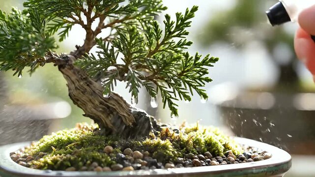Close view of hands spraying water on small bonsai tree in sunny garden where droplets and sun flares highlight careful nature treatment and professional hobby of growing decorative plants today