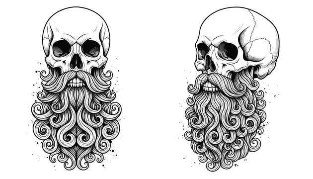 Detailed black and white skull illustrations with long curly beards shown from front and side angles.