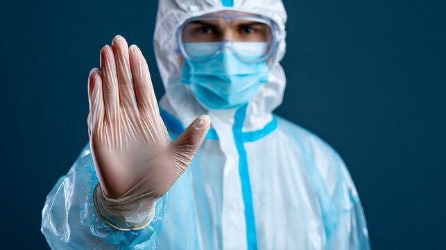 Scientist in hazmat gear signals a firm stop with an open palm to prevent the spread of a dangerous viral contagion.