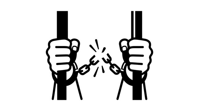 Illustration of hands breaking chains behind prison bars for freedom