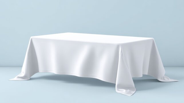 Minimalist vector illustration of a clean white tablecloth draped smoothly over a rectangular table, isolated on soft light background for mockup presentation