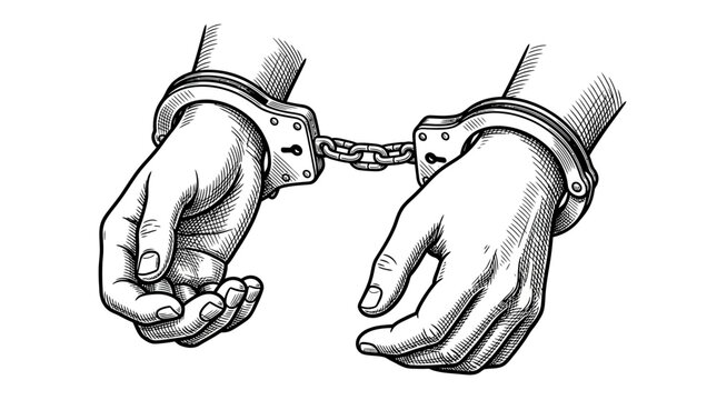 Handcuffed human hands in vintage black and white engraving style