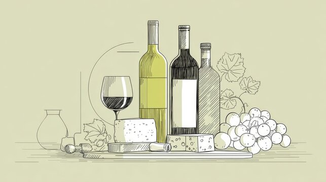 Elegant line art composition of wine tasting set with detailed sketch of wine bottles, corkscrew, cluster of grapes, and cheese wheel, drawn in flat minimalist vector style
