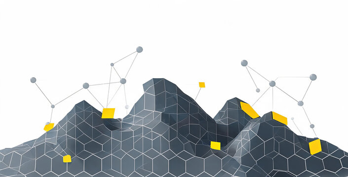 A 3D low poly mountain landscape with connected digital network nodes and yellow accent blocks, representing data and tech concepts.