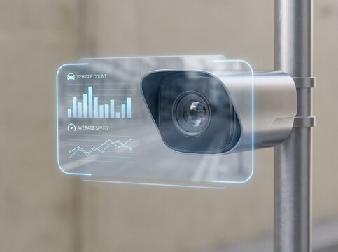 Smart traffic surveillance camera with futuristic holographic HUD overlay displaying vehicle count and speed analytics data