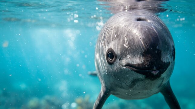 Vaquita facing the camera, distinctive black eye rings and dark lips clearly visible, crystal clear turquoise ocean water, soft natural sunlight filtering through the surface