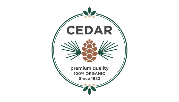 Organic cedar product logo featuring a brown pinecone and green needles inside a circular frame with botanical text.
