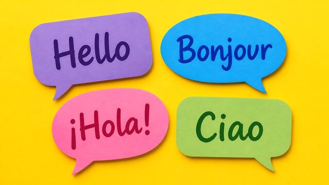 Hello written in four different european languages on colorful speech bubbles against a yellow background