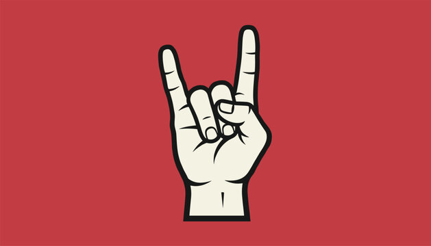 Rock on hand gesture illustration with the index and pinky fingers raised against a solid red background in a bold graphic style.