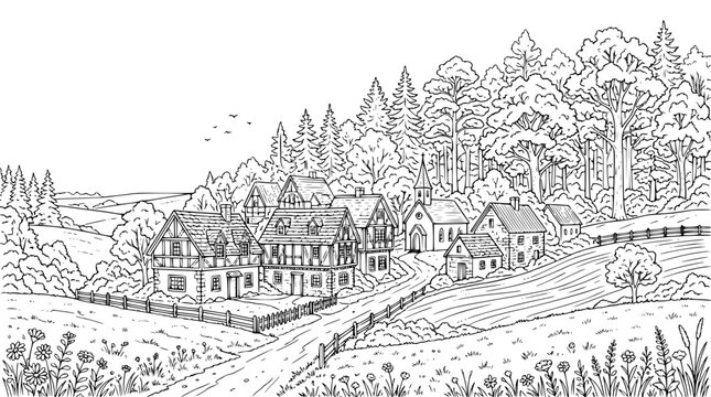 Hand-drawn village landscape with half-timbered houses and church coloring page