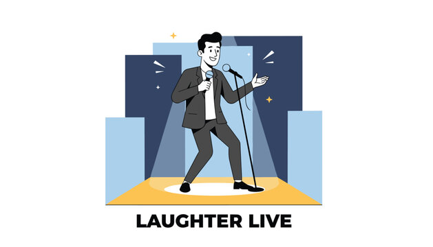 Stand up comedian performing on stage with a microphone under a bright spotlight for a laughter live comedy show.