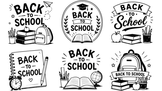 Back to school hand lettering set vector education icon collection with backpack pencil book globe apple and alarm clock for banner poster and classroom design