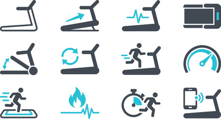 Fototapeta premium Treadmill Fitness Icon Collection with Running Machine, Cardio Workout, Smart Training, Speed Monitoring, and Gym Equipment Vector Set