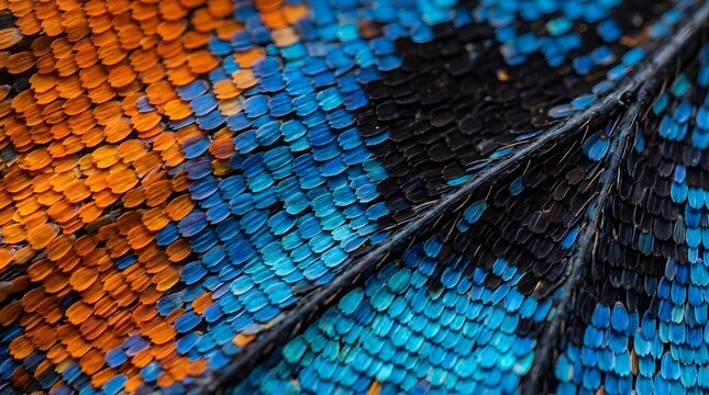Macro butterfly wing texture. Detailed close-up of colorful insect scales and patterns.