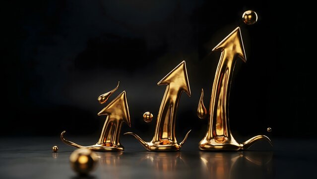 Upward pointing molten gold growth arrows &ndash; Perfect for sales achievement certificates, corporate growth motivation, or finance banners.