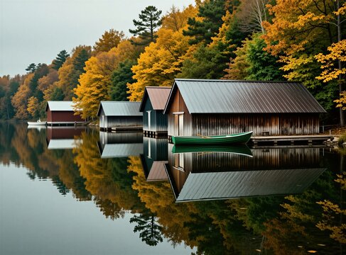 Wooden boathouses sit on calm lake water with reflection of colorful autumn forest trees. Small rowing boats float near wooden docks at shore. Nature landscape scene provides peaceful atmosphere for