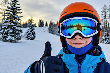 Plakat Teenager with orange helmet, goggles shows thumb up on mountain ski slope. Happy child enjoys winter sport activity in snowy resort. Young person wears safety equipment outdoors. Smiling kid rides