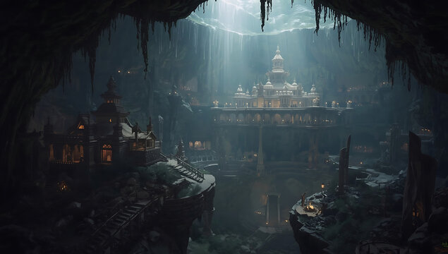Magical underground stone palace in dark cavern cavern