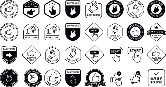 Easy to use icon collection with hand gestures, thumbs‑up, click, start button, and user‑friendly interface concept in black and white flat vector illustration
