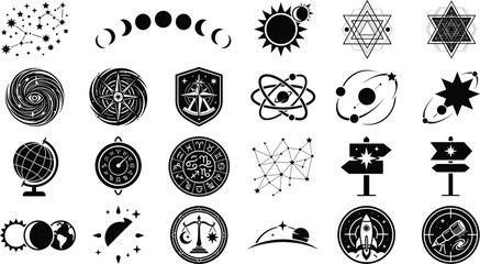 Collection of twenty-four black and white cosmic vector icons featuring constellations, moon phases, galaxies, zodiac symbols, and telescopes © Joyanti