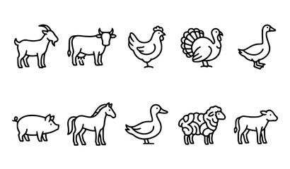 Farm Animal Outline Icon Collection with Cow Goat Pig Horse Chicken Turkey and Sheep Vector © Boloram