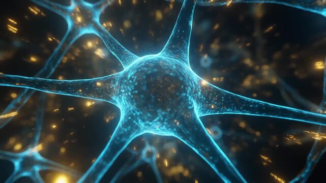 Abstract 3D quantum computer neural network pulsing neon blue and gold data light particles loop