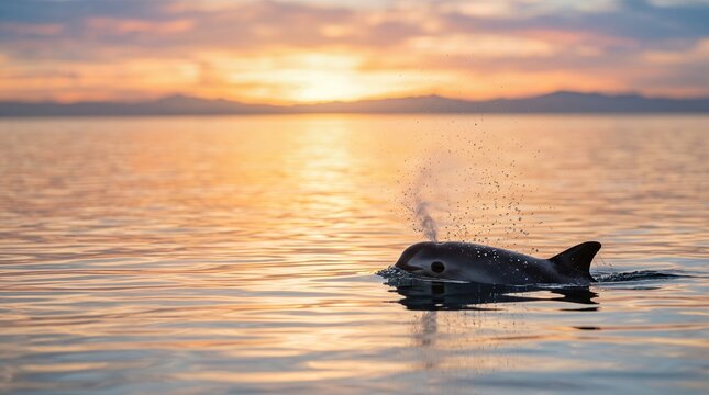 Vaquita surfacing quietly to breathe, tiny splash and water droplets frozen in motion, golden sunrise over calm ocean