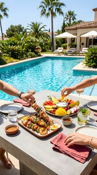 Friends enjoying a summer barbecue lunch by the poolside of a luxury villa.