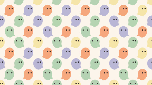 Seamless pattern featuring colorful kawaii ghost faces on a soft pastel background. Perfect for fabric, wallpaper, wrapping paper, scrapbook projects, and Halloween-themed products.