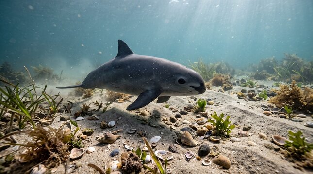 Vaquita swimming close to sandy seabed with scattered shells and marine plants, realistic underwater ecosystem