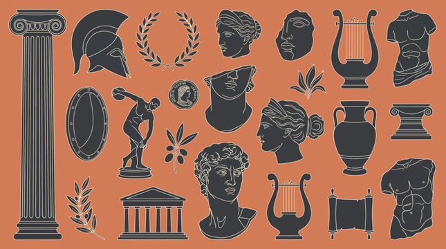 Set of antique Greek and Roman silhouette icons including statues, marble columns, warrior helmets and amphoras on terracotta, illustrating history, representing classical mythology