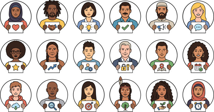 Diverse multicultural people avatars holding signs with business and community icons setDiverse multicultural people avatars holding signs with business and community icons set