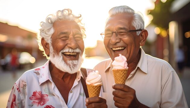 Dos hombres mayores sonriendo con cucuruchos de helado al aire libre en una escena alegre de amistad y verano