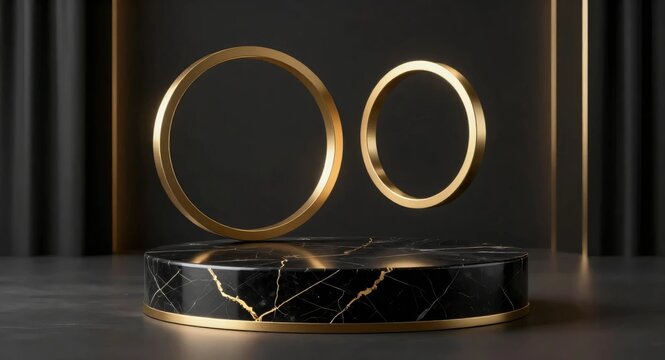 Luxury black marble podium with large glowing gold rings product display 3D render
