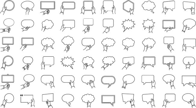 Big set of human hands holding blank speech bubbles and message signs line art vectorBig set of human hands holding blank speech bubbles and message signs line art vector